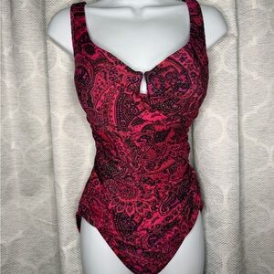 Miraclesuit One Piece Swimsuit Womens Large 14 Pink Black Paisley Tummy Control